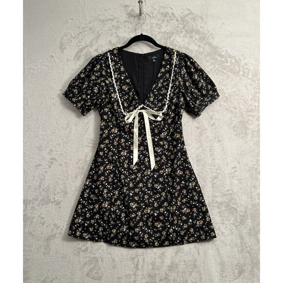 Lulus Dark Coquette Peter Pan Collar Bow Mini Dress Size S Wednesday Adams Vibes - Picture 1 of 7